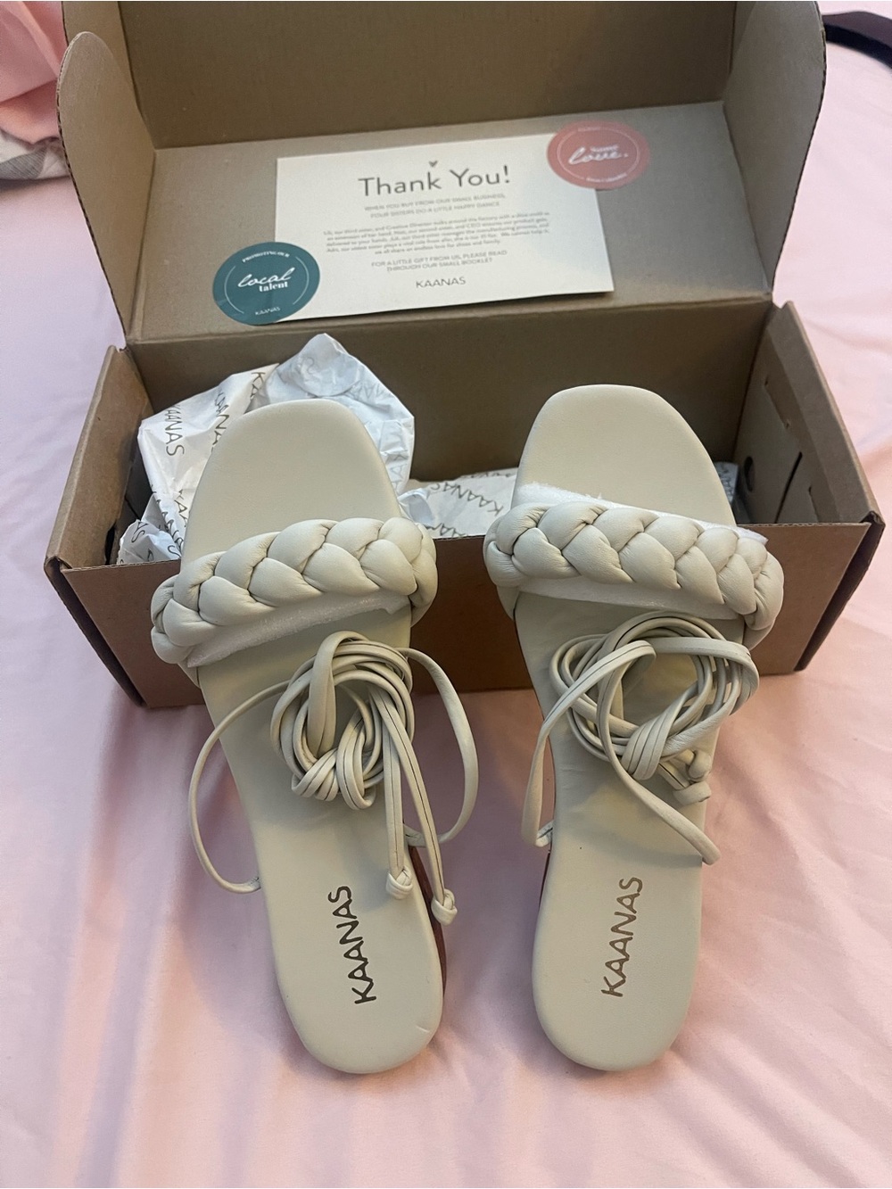 Kaanas Cream Braided Wrap Sandals with Lace-Up Straps